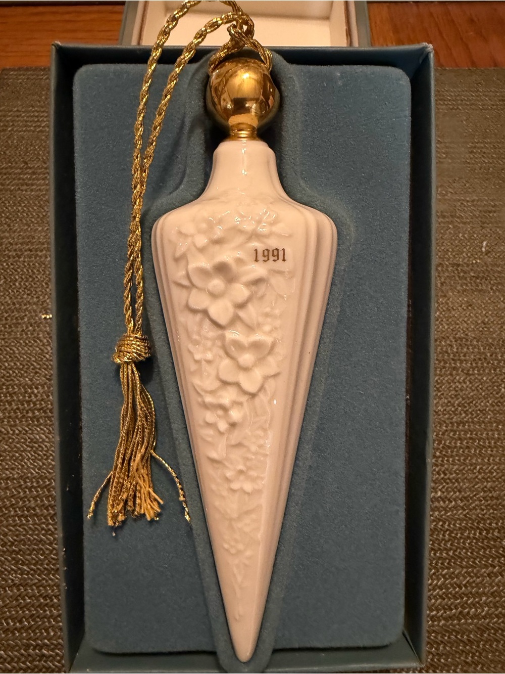 Vintage Lenox Ivory Fina China Floral Spire Ornament with Gold Tassel 1991 MIB